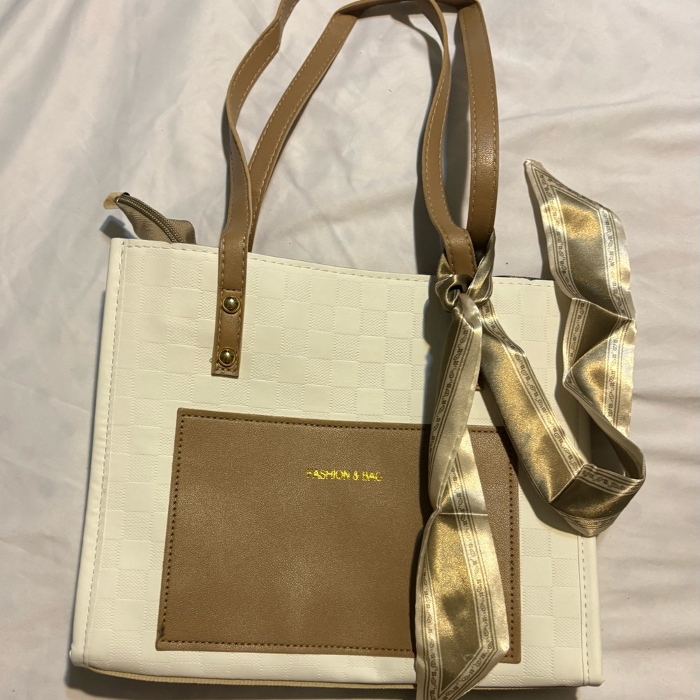 Chic White and Tan Leather Tote Bag